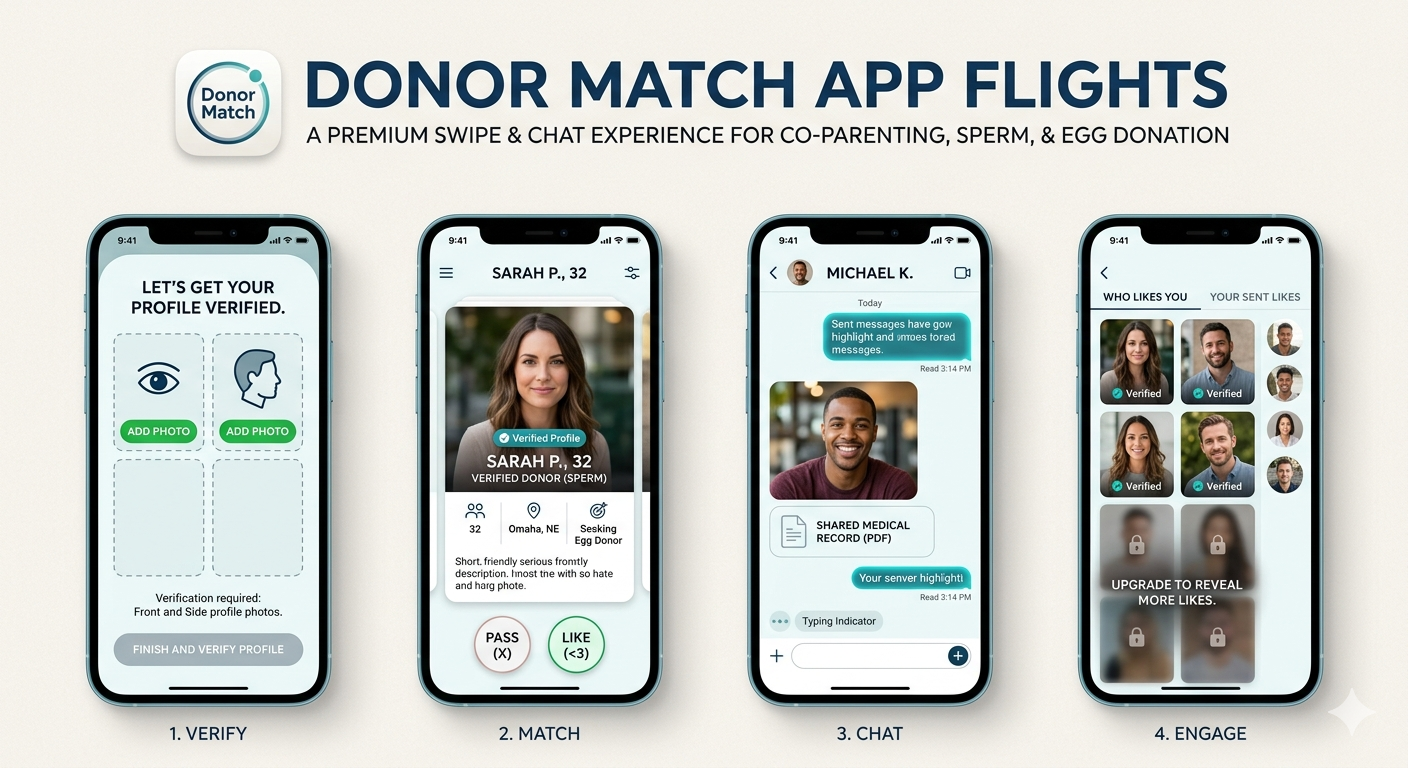 Donor Match app flow: Verify, Match, Chat, Engage